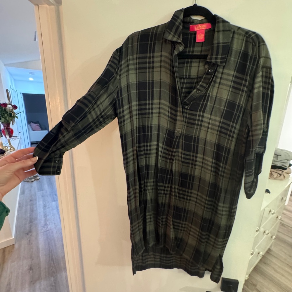 Green Plaid Long Sleeve Shirt Dress